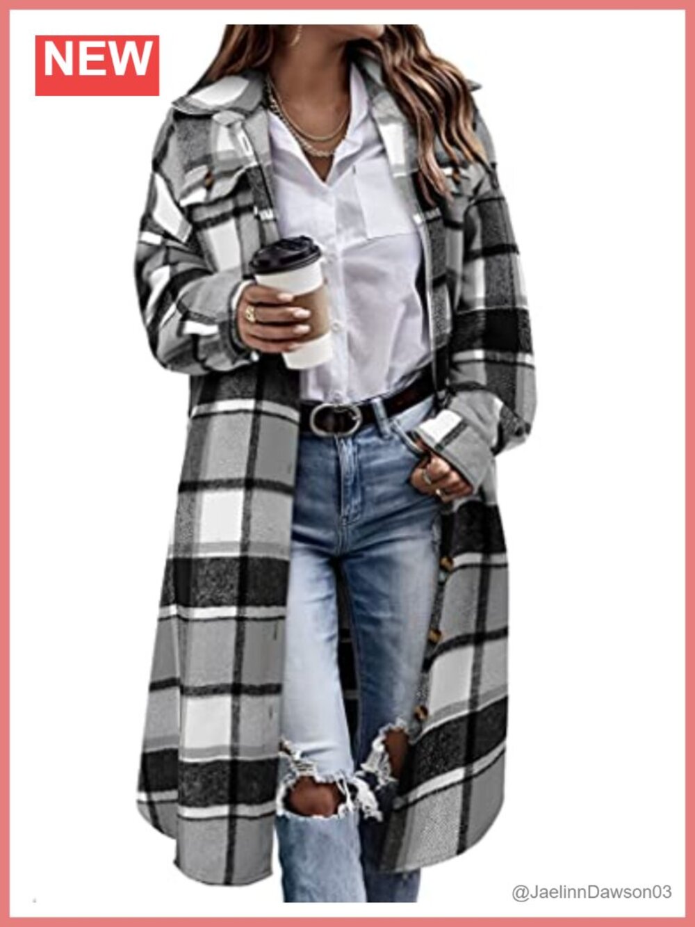Women's Plaid Lapel Wool Blend Button Up Long Shacket Coat with Pockets